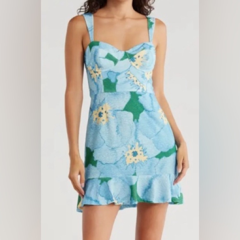 Hutch Floral Blue/Green Sleeveless Bustier Ruffle Hem Mini Dress - Size Medium
